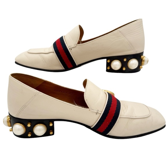 Gucci Peyton Pearl Loafer in White EU 37 US 7 GG Logo Web Stripe Block Low Heel - Picture 11 of 13